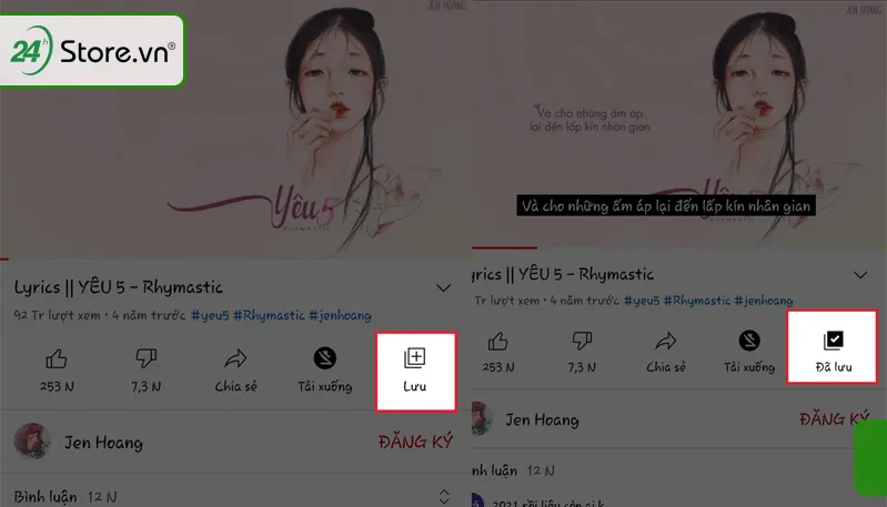 Người dùng điện thoại đang thao tác lưu video vào một danh sách phát mới trên YouTube, chuẩn bị cho cách tải một lúc cả list video sau này