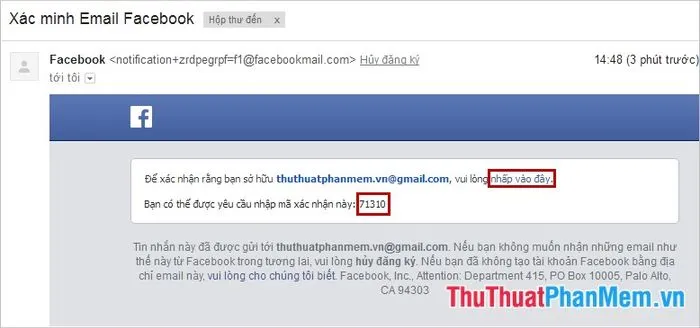 Người dùng truy cập vào hộp thư của email mới và nhấp vào liên kết xác nhận từ Facebook