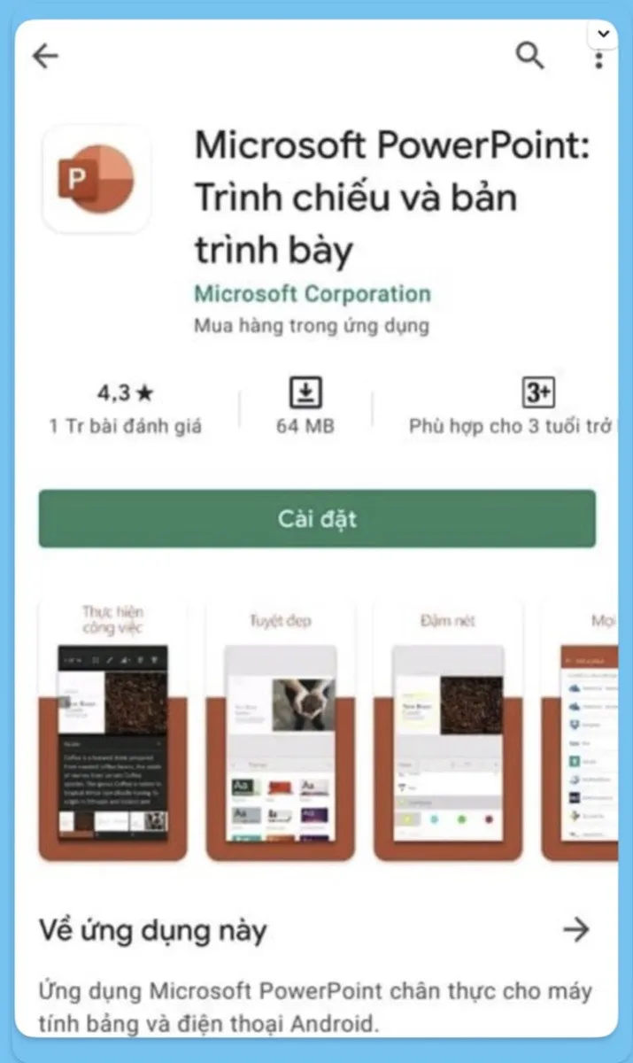 Nhấn Cài đặt để bắt đầu cài đặt powerpoint cho điện thoại Android