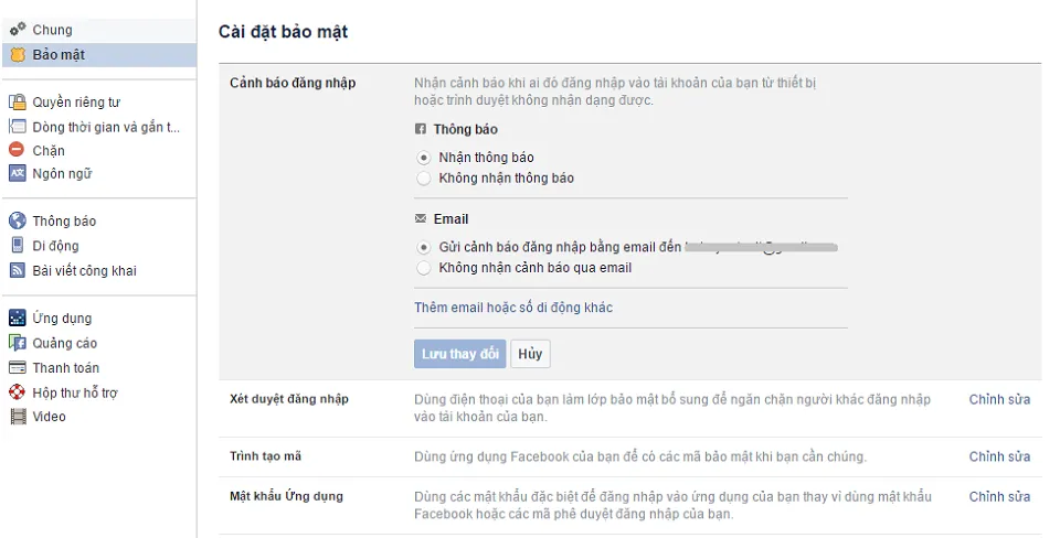 Nhận cảnh báo đăng nhập từ Facebook