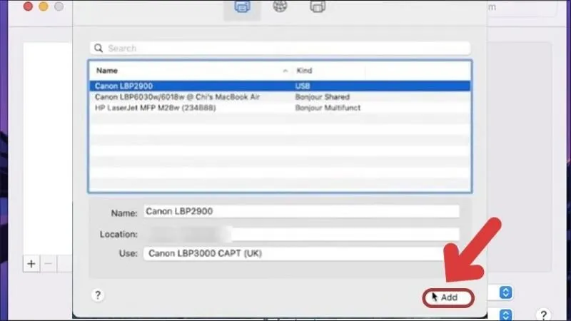 Nhấn chọn Add để thêm máy in vào hệ thống CUPS của MacBook