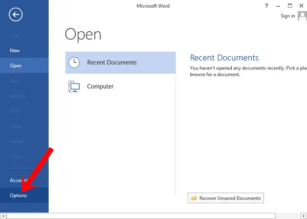 Nhấn chọn Options trong danh sách