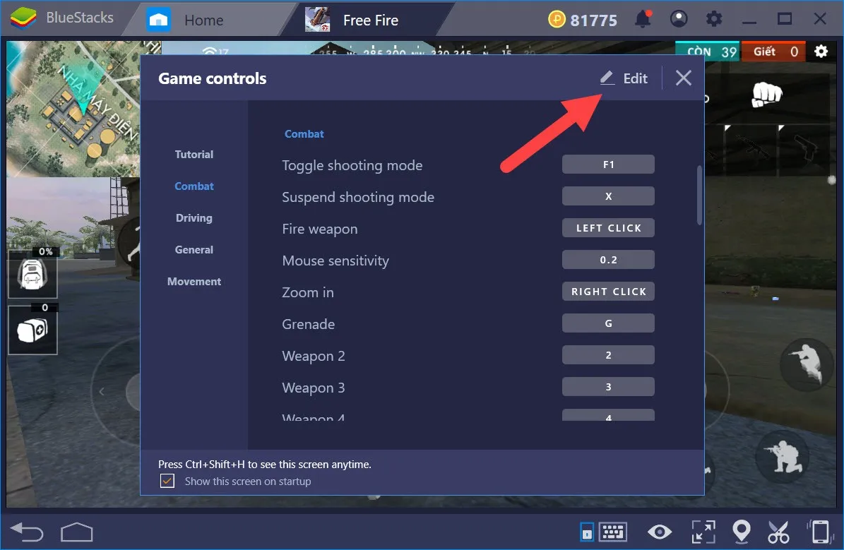 Nhấn Edit để chỉnh sửa phím tắt Game Controls của Free Fire