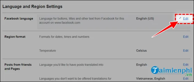 Nhấn Edit tại mục Facebook language để tiến hành cách chuyển đổi facebook sang tiếng việt phiên bản mới