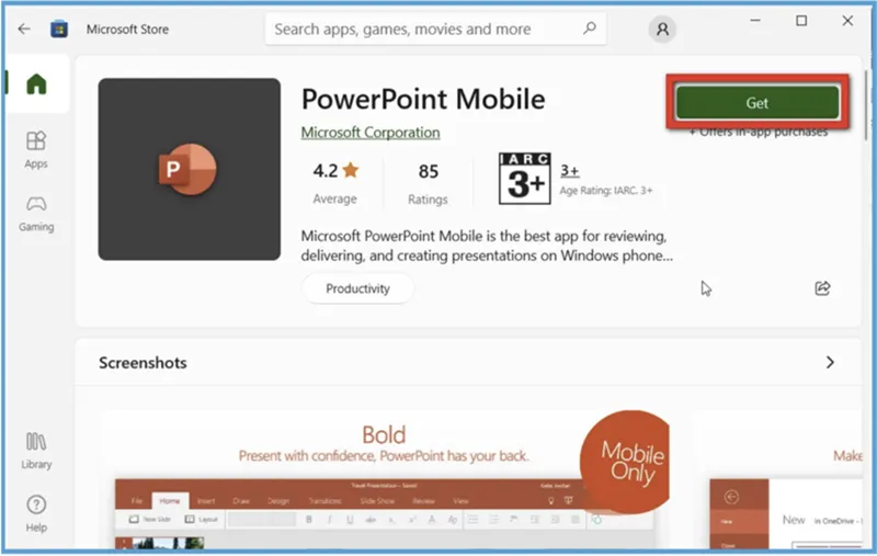 Nhấn Get để bắt đầu quá trình cài đặt powerpoint Mobile