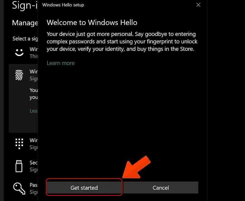Nhấn Get started để bắt đầu thiết lập vân tay HP