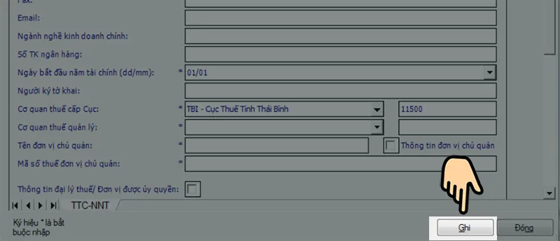 Nhấn Ghi để lưu thông tin doanh nghiệp sau khi cài đặt phần mềm