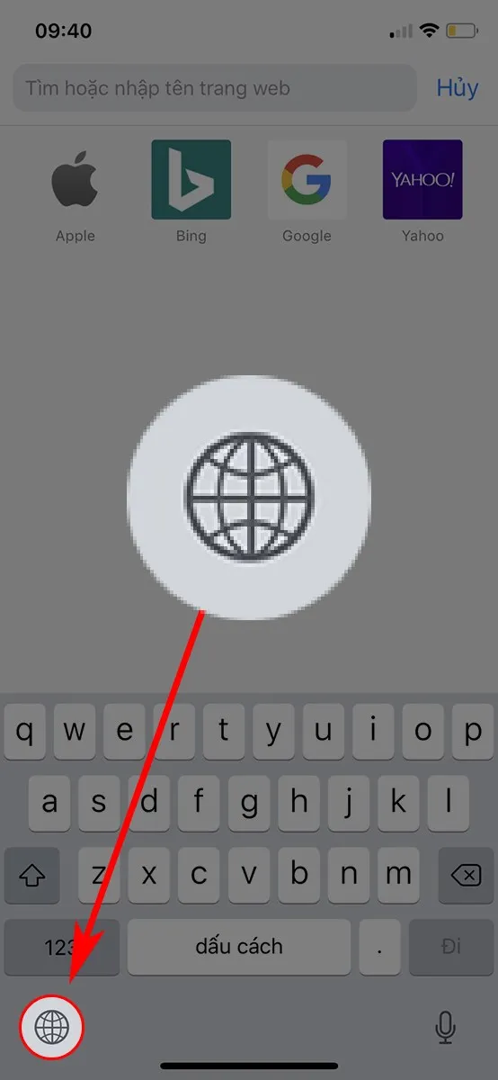 Nhấn giữ biểu tượng quả địa cầu để mở danh sách chuyển đổi bàn phím nhanh trên iPhone