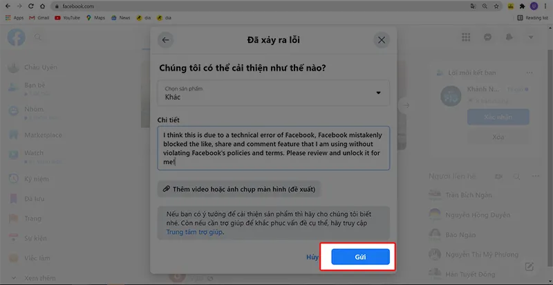 Nhấn gửi để hoàn tất báo cáo lỗi