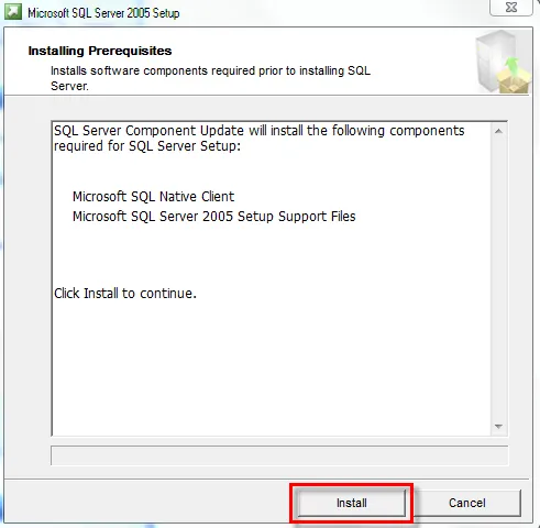 Nhấn Install để cài đặt các thành phần hỗ trợ cần thiết cho SQL Server 2005