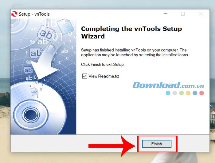 Nhấn Install sau đó Finish để hoàn tất cài đặt phần mềm VnTools