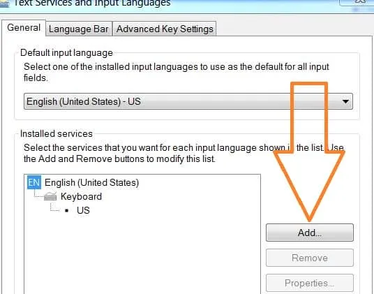 Nhấn nút Add trong tab General để thêm bộ gõ tiếng Trung vào hệ thống