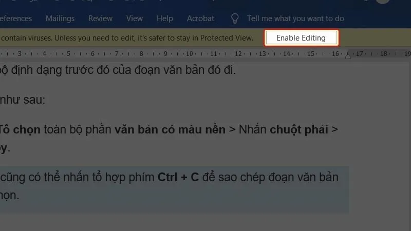 Nhấn nút "Bật chỉnh sửa" để mở khóa tài liệu bị khóa ở Chế độ xem được bảo vệ