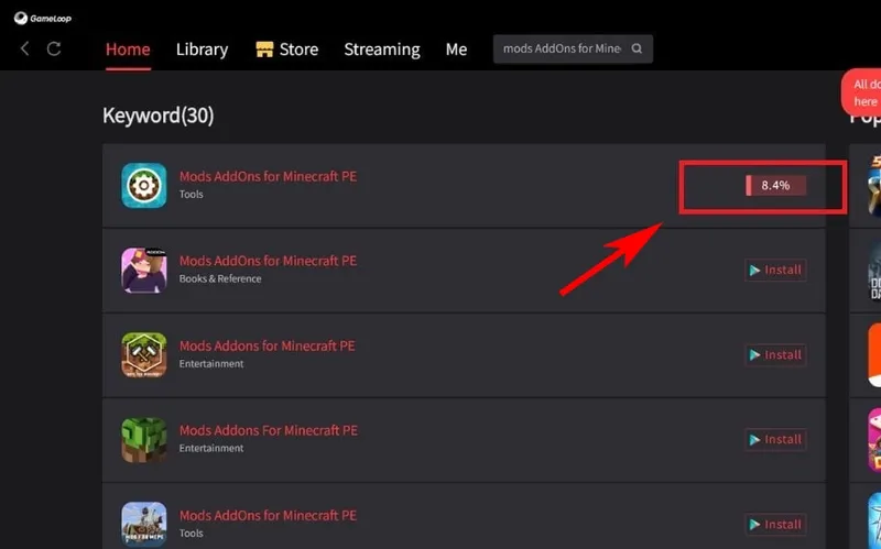 Nhấn nút 'Cài đặt' để tải Mods AddOns for Minecraft PE vào môi trường giả lập GameLoop trên PC