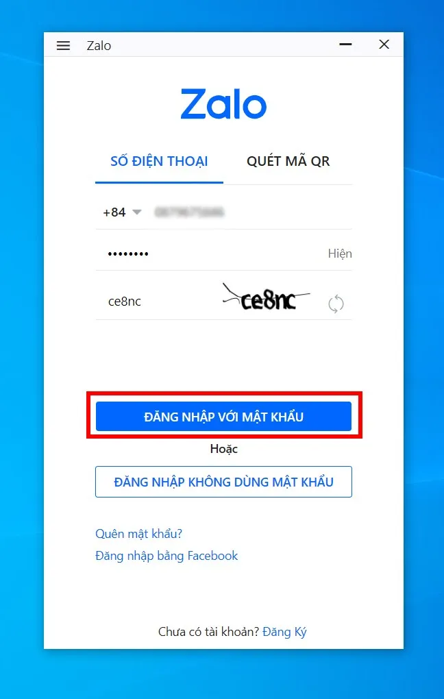 Nhấn nút Đăng nhập với mật khẩu để hoàn tất quy trình đăng nhập Zalo truyền thống