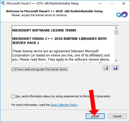 Nhấn nút Install để bắt đầu cài đặt Visual C++ khi thiết lập cách cài tay cầm PS3 cho PC