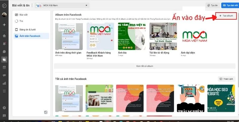Nhấn nút Tạo Album để khởi tạo album ảnh trên fanpage facebook
