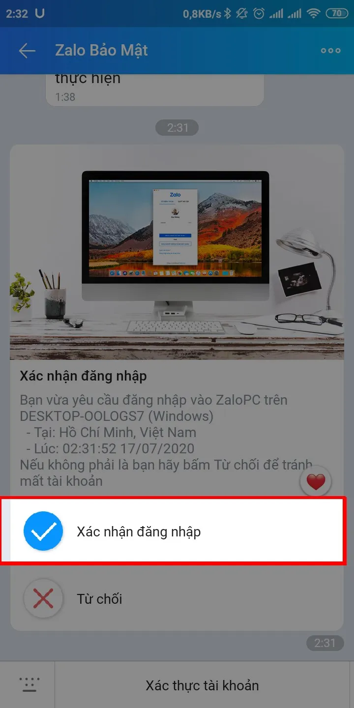 Nhấn nút Xác nhận để cấp quyền truy cập Zalo trên máy tính từ xa