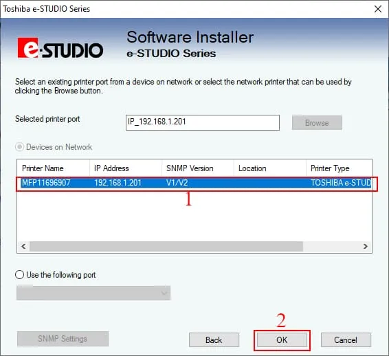 Nhấn OK, máy tính tự tìm máy photocopy trong mạng
