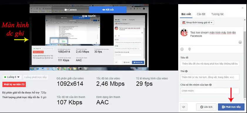 Nhấn Phát trực tiếp trên Facebook để chính thức bắt đầu buổi stream game