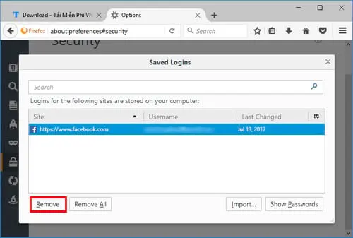 Nhấn Remove (Xóa) để xóa tài khoản Facebook đã lưu trên Firefox