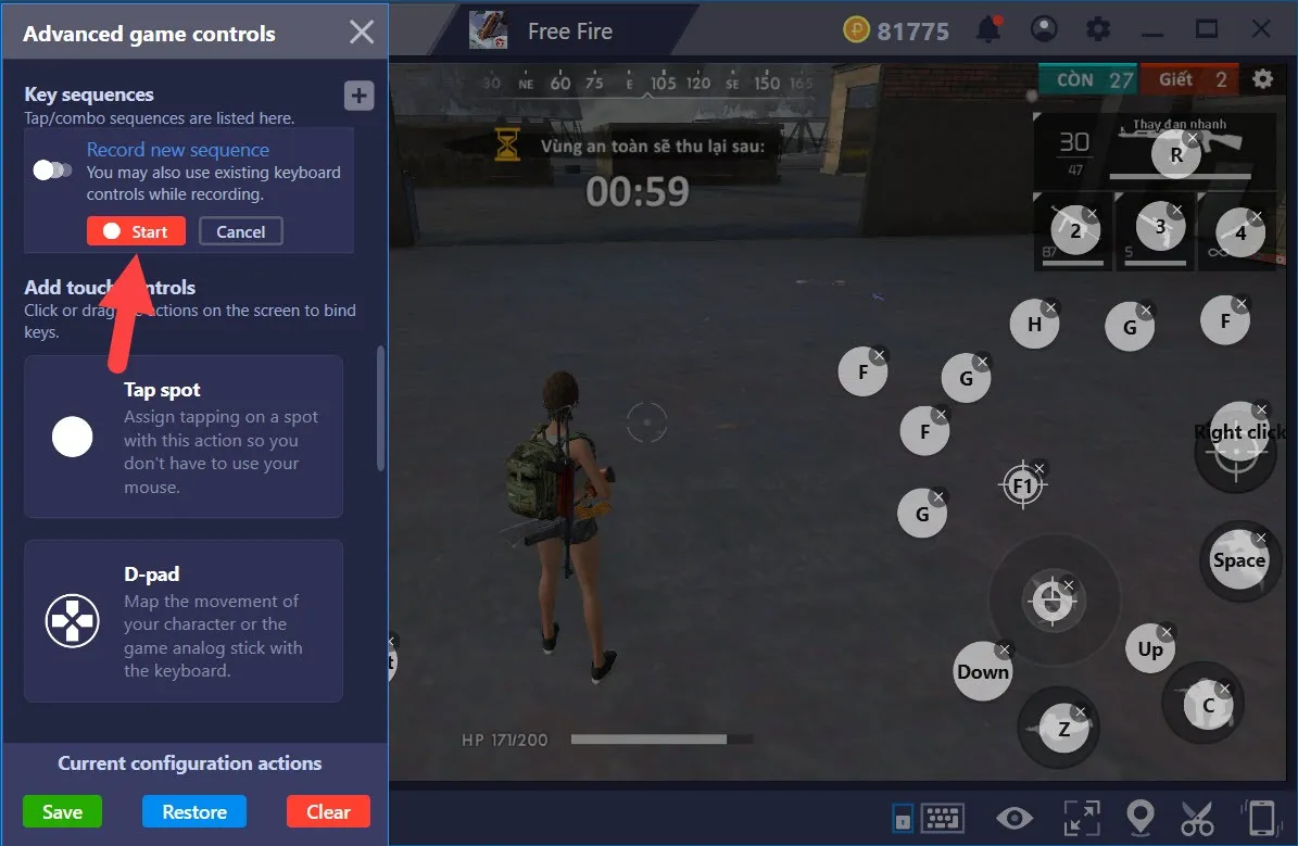 Nhấn Start để bắt đầu ghi lại Key sequences