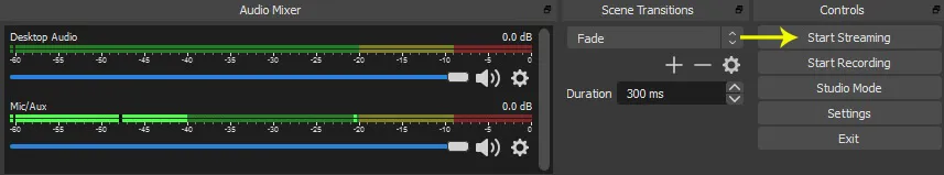 Nhấn Start Stream trong OBS để bắt đầu quá trình phát trực tiếp