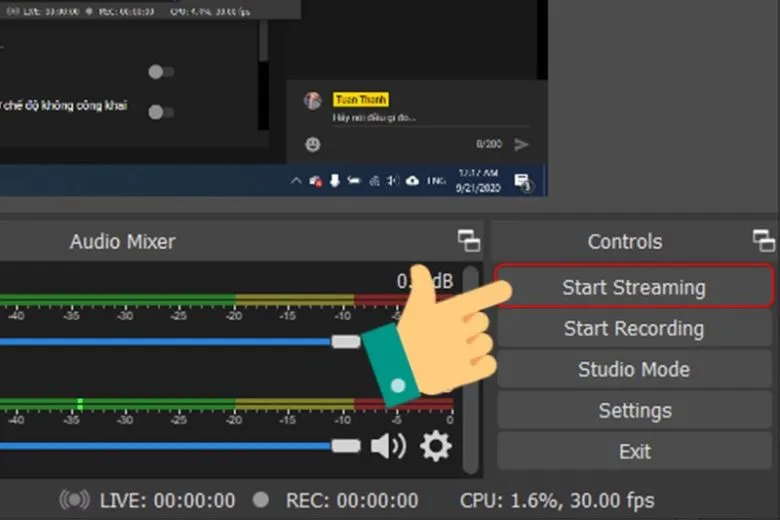 Nhấn Start Streaming để bắt đầu phát trực tiếp lên Twitch hoặc YouTube