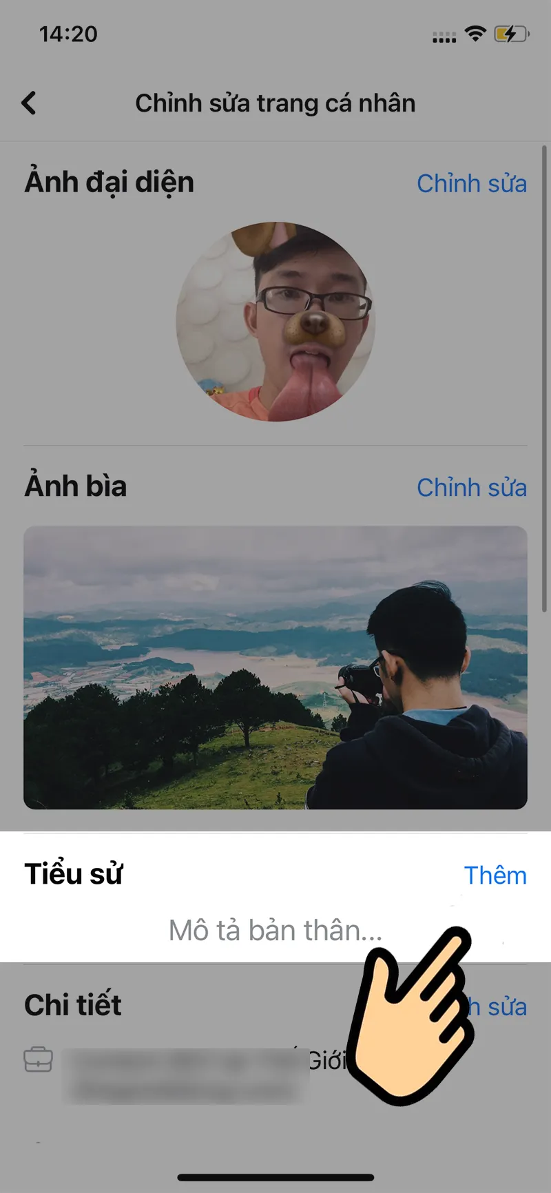 Nhấn Thêm tại mục Tiểu sử để thực hiện cách thêm tiểu sử Facebook