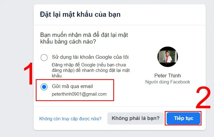 Nhấn tiếp tục để lấy mã xác nhận tài khoản