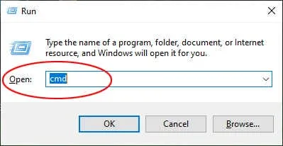 Nhấn tổ hợp phím Windows + R để mở hộp thoại Run | gõ lệnh cmd rồi nhấn OK hoặc Enter