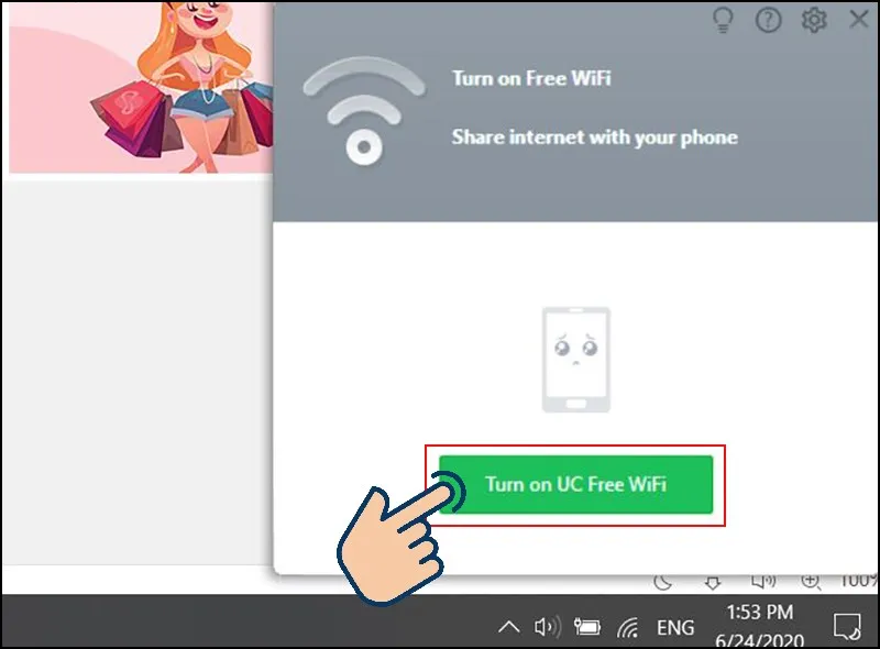 nhấn turn on uc free wifi để khởi động tính năng chia sẻ kết nối mạng