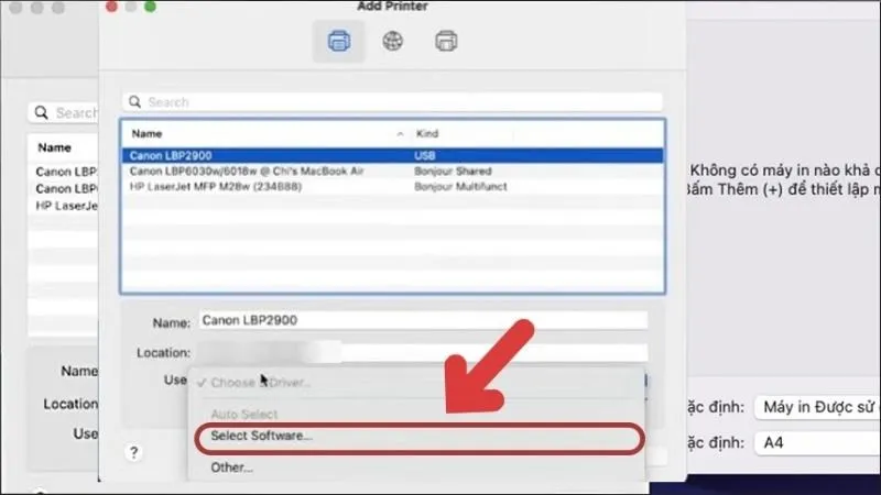 Nhấn Use > Chọn Select Software để chỉ định driver cho máy in USB