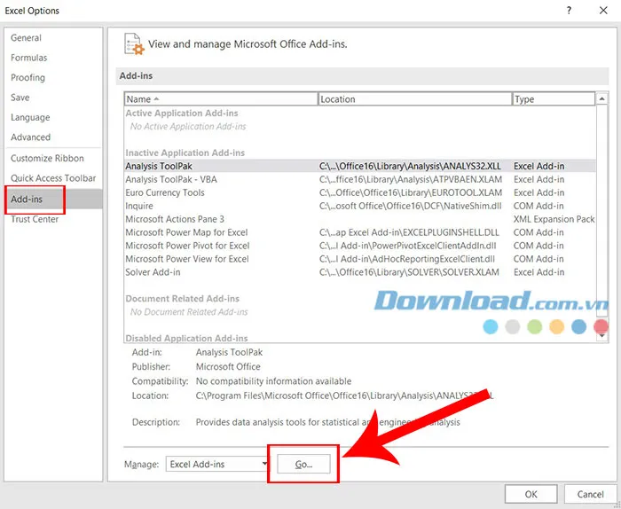 Nhấn vào Add-ins > Go… để mở cửa sổ quản lý tiện ích bổ sung VnTools