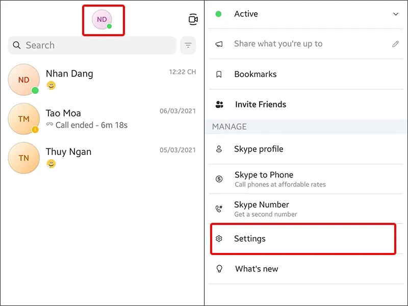 Nhấn vào ảnh đại diện và chọn Settings