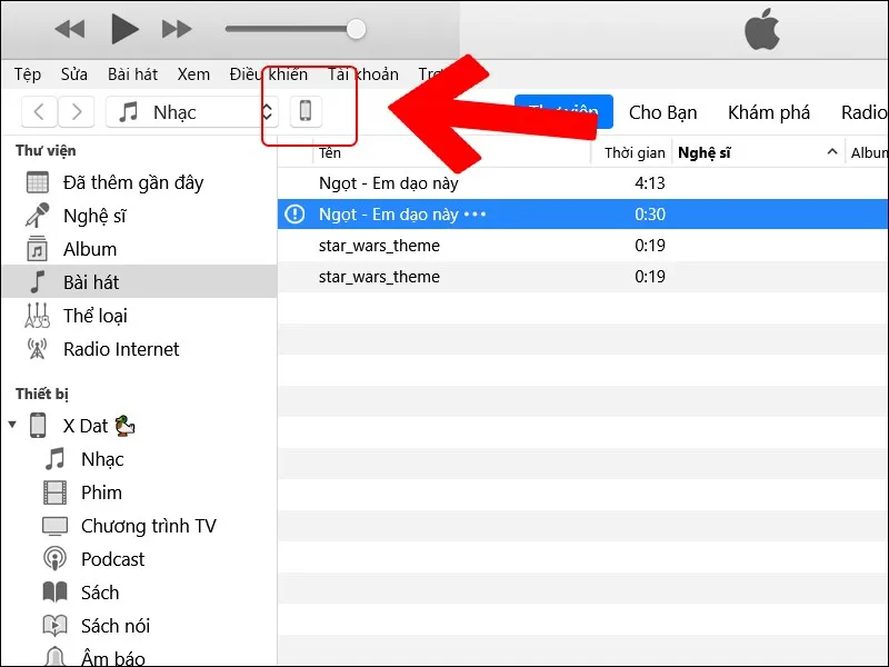 Nhấn vào biểu tượng iPhone trên iTunes để đồng bộ nhạc chuông