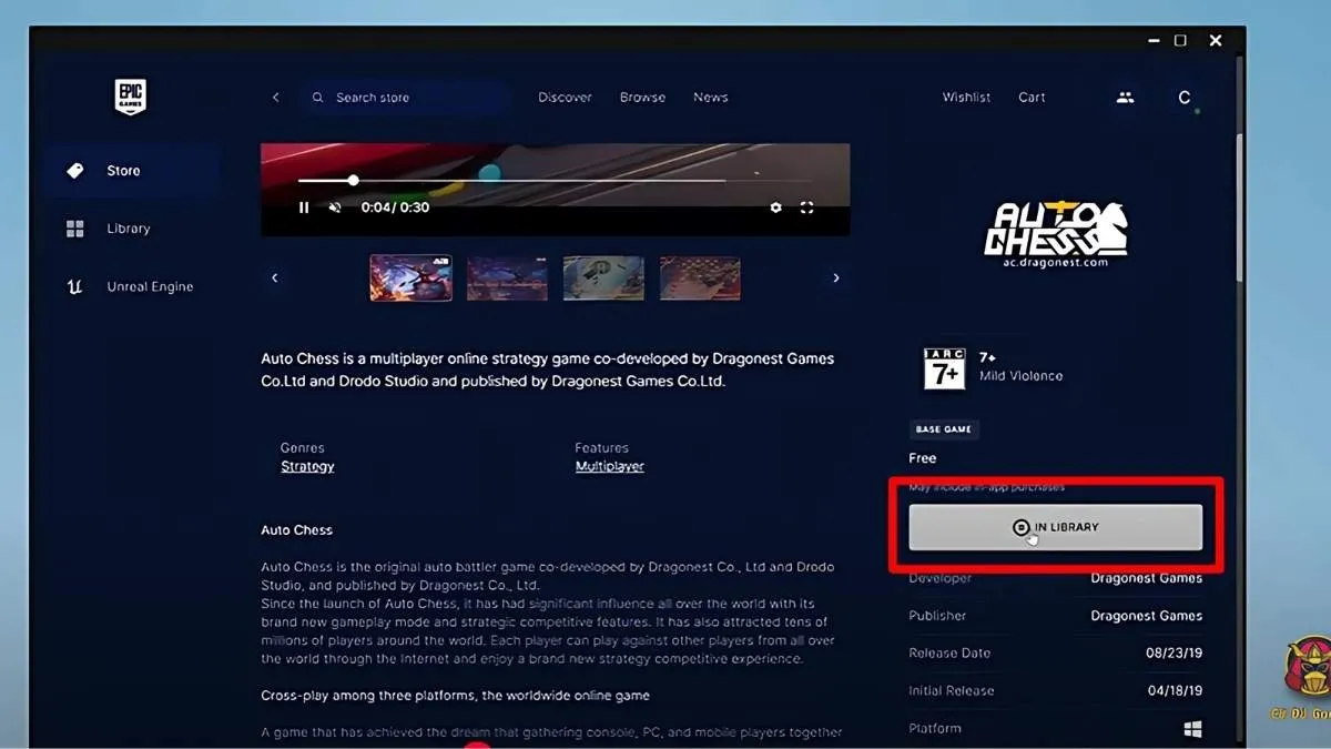 Nhấn vào nút "Nhận" để thêm game Auto Chess vào thư viện của bạn trên Epic Games Store