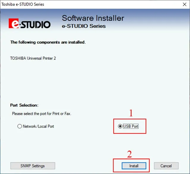 Nhấn vào Printer Driver, check vào USB Port nhấn Install