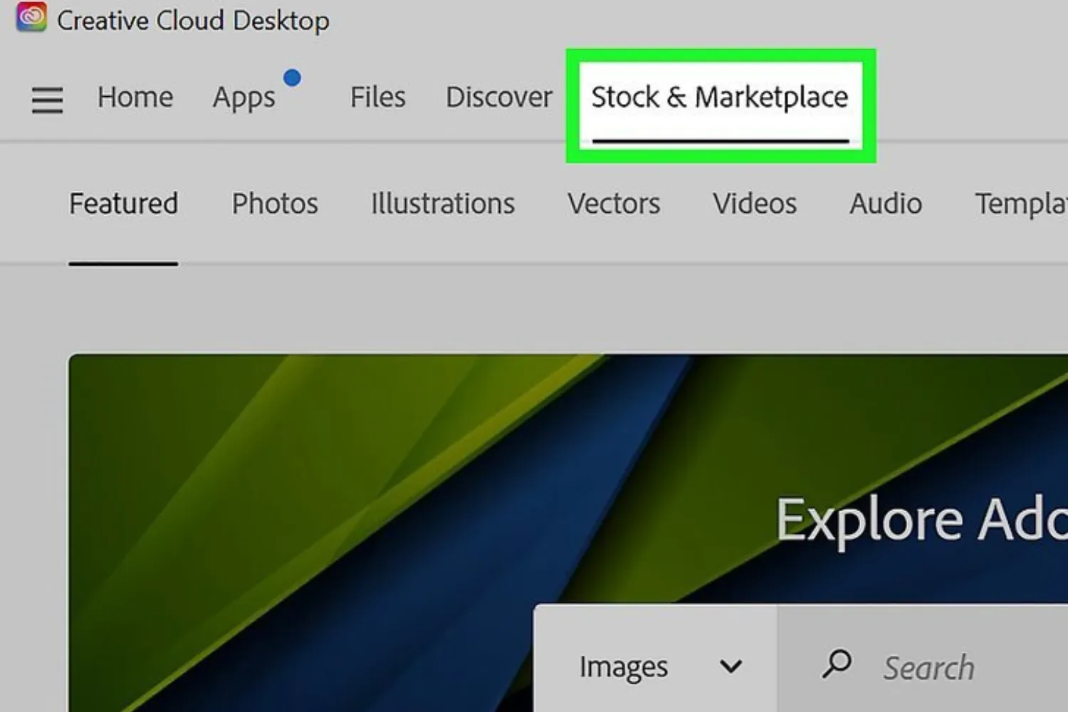 Nhấn vào tab Stock & Marketplace trong Creative Cloud