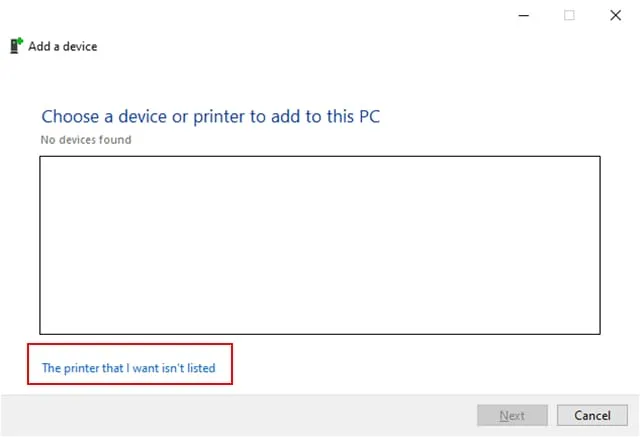 Nhấn vào The printer that| want isn’t listed