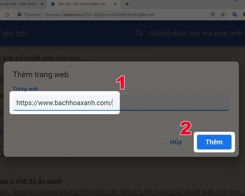 Nhấn vào “Thêm trang mới” để chỉ định một địa chỉ URL cụ thể mà tiện ích mở rộng được phép hoạt động