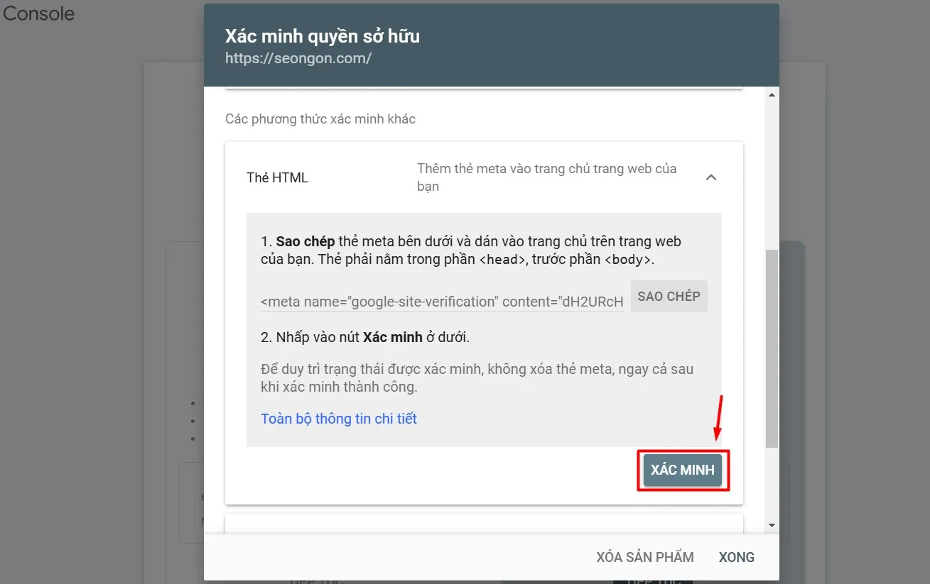 Nhấn xác minh để hoàn tất quá trình cài đặt Google Search Console