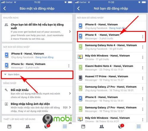 Nhấn Xem thêm để mở rộng danh sách các thiết bị đã đăng nhập Facebook và Messenger