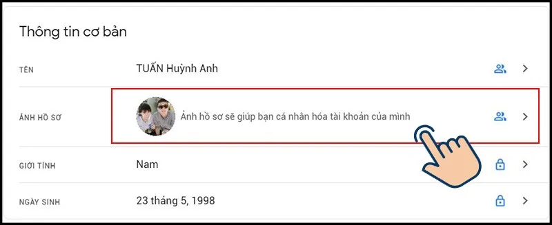 Nhấp chọn vào Ảnh hồ sơ hiện tại để tiếp tục quá trình thay đổi ảnh đại diện Gmail