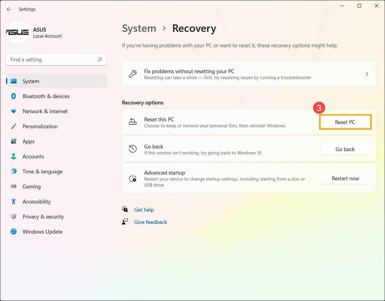 Nhấp Đặt lại PC trên Windows 11