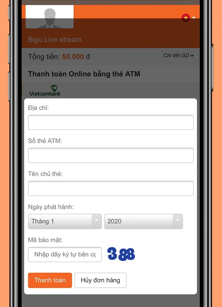 Nhập đầy đủ thông tin thẻ ATM và xác nhận thanh toán để nạp kim cương