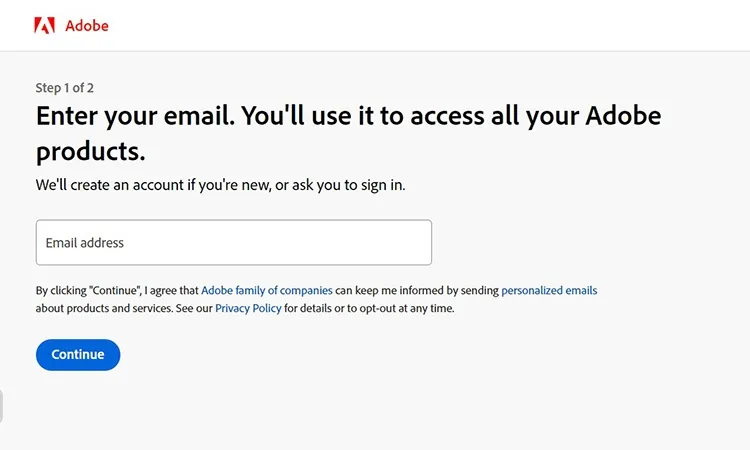 Nhập địa chỉ email để tiến hành đăng ký tài khoản Adobe ID và tiếp tục quá trình cài đặt