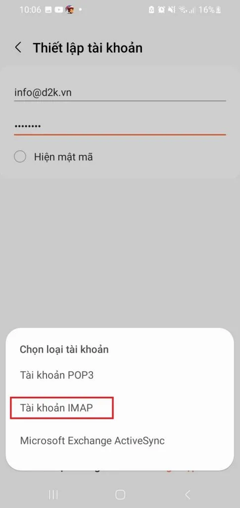 Nhập địa chỉ email và mật khẩu sau đó chọn cài đặt thủ công để thiết lập IMAP/POP