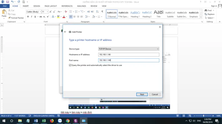 Nhập địa chỉ IP của máy in Ricoh 5001 và bỏ dấu tích Query the printer