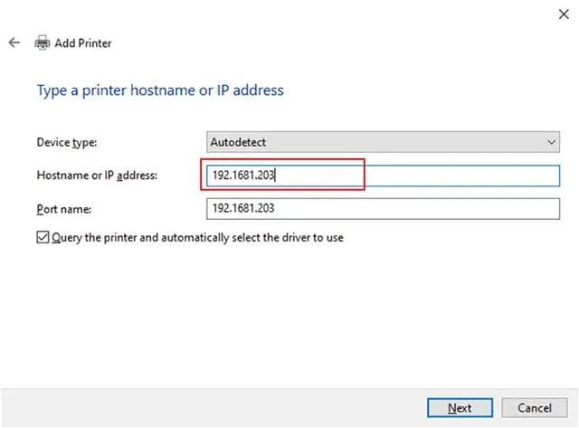 Nhập địa chỉ Ip máy photo vào Hostname or IP address